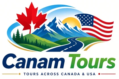 Canam Tours logo: maple leaf, mountains, road and US flag
